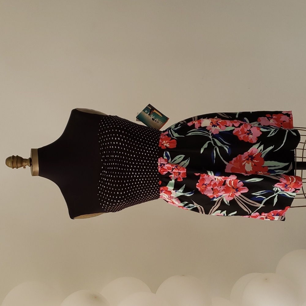 XOXO strapless floral and white polka dot dress